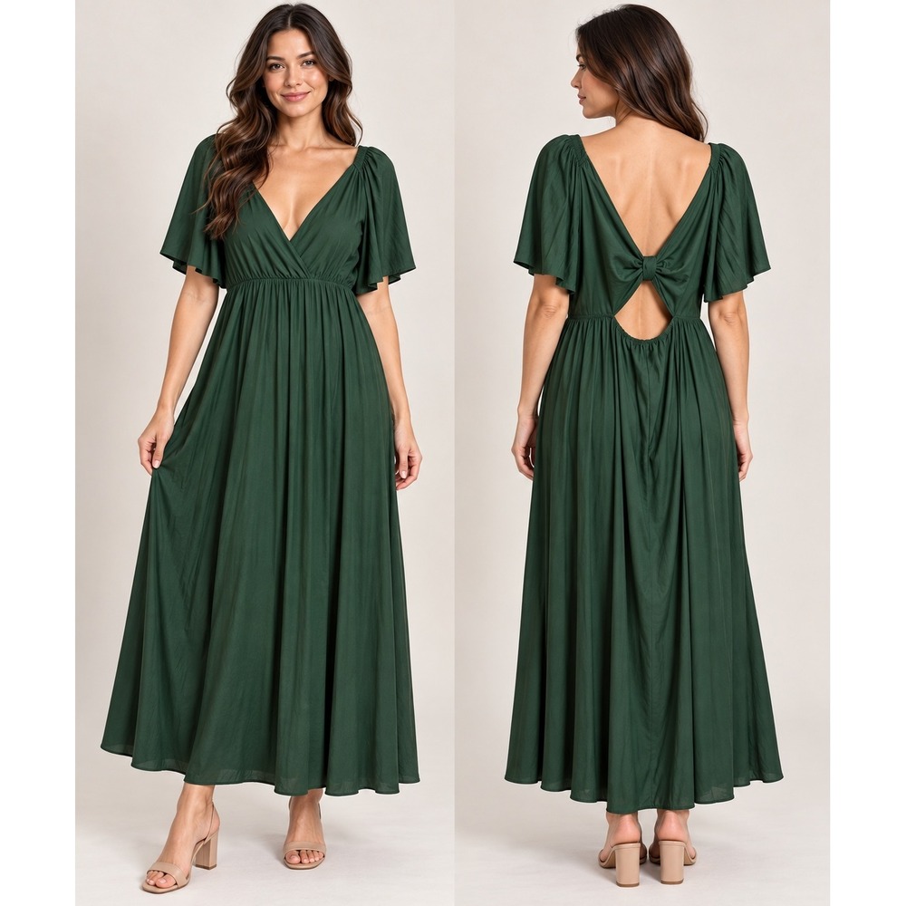 ASOS Curve Green V-Neck Flutter Sleeve Cutout Back Maxi Dress US 18 (flaw)